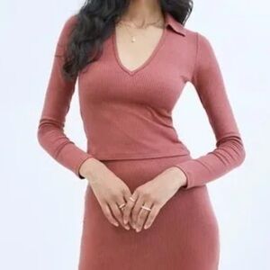 Aritzia Wilfred Charlotte Polo Top Ribbed Collared V Neck Long Sleeve Size XS